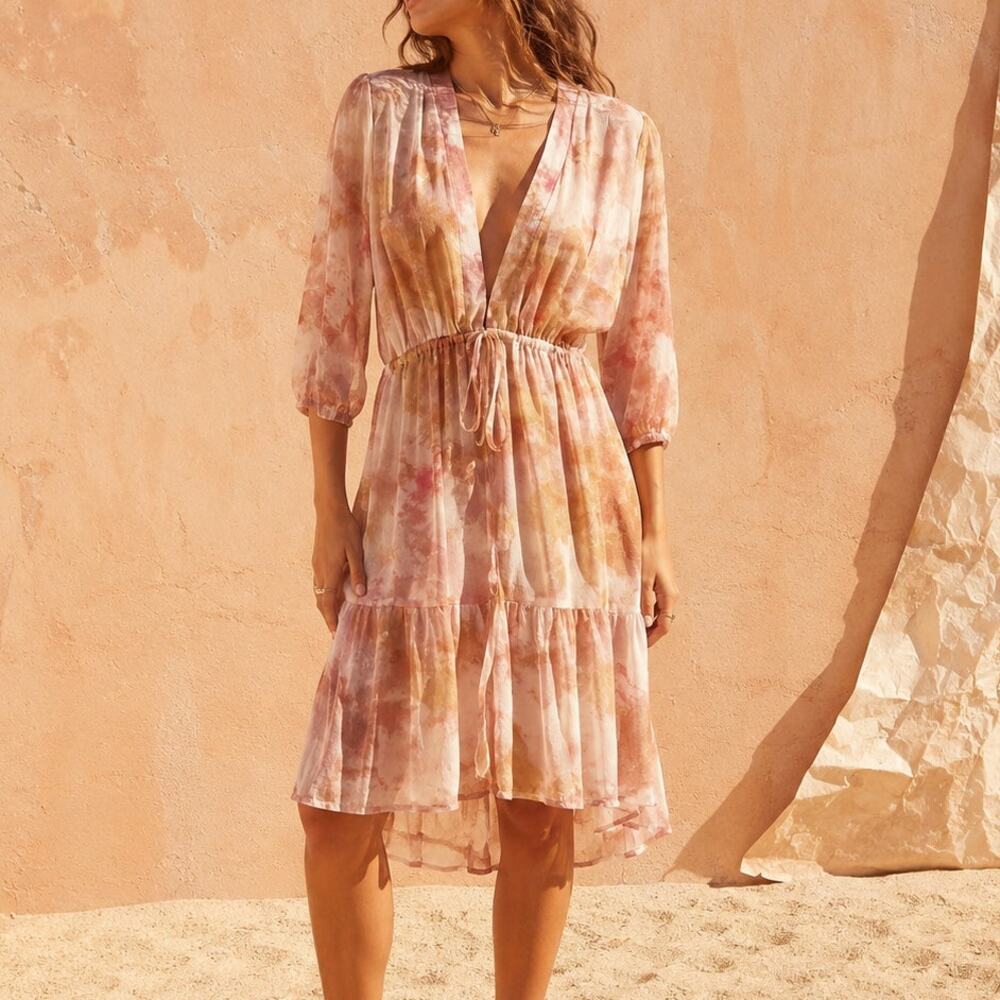 Maurices Watercolor Kimono Cover Up Blush Rust Boho Beach Resort Festival Sheer